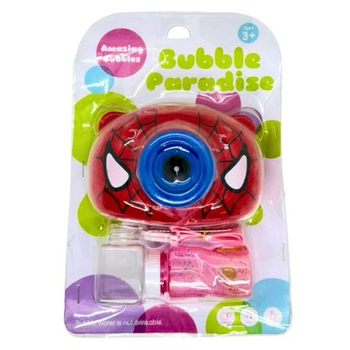 Aparat Automat Baloane de Sapun pentru Copii, Model Super Erou Rosu, Camera Bule de Sapun, Cu Solutie si Snur, Jucarie Distractiva