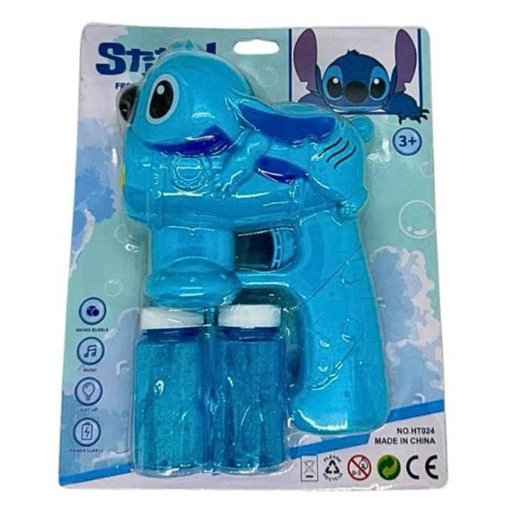 Pistol Automat Baloane de Sapun pentru Copii, Model Stitch Albastru, Cu Lumini si Muzica, Include 2 Rezerve Solutie