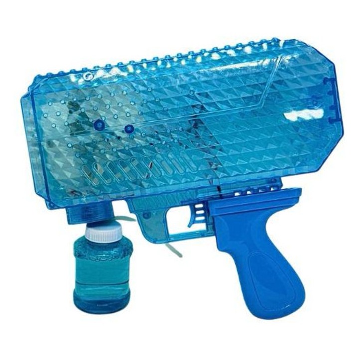 Pistol Automat Baloane de Sapun pentru Copii, Bubble Gun Electric cu 42 Orificii, Lumini LED, Rezerva Solutie Inclusa, Model Transparent Albastru