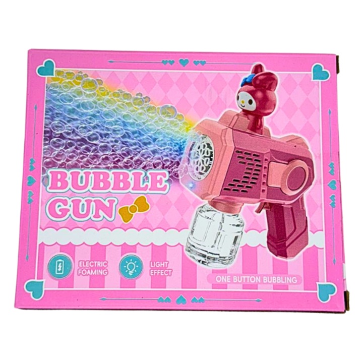 Pistol Automat pentru Baloane de Sapun pentru Copii, Bubble Gun Electric cu Lumini, cu Solutie Baloane, Roz