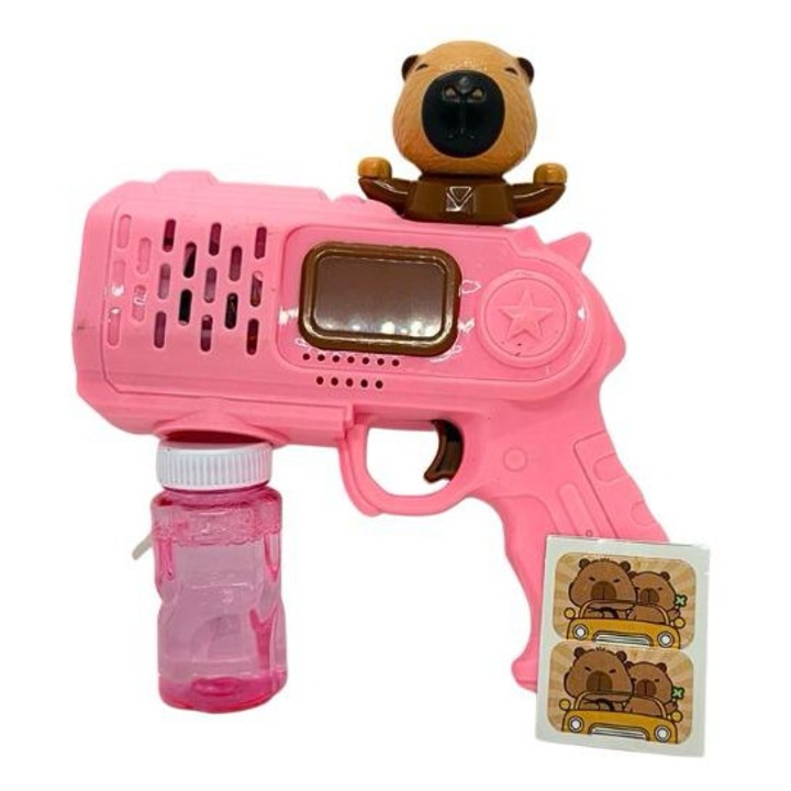Pistol Automat Baloane de Sapun pentru Copii, Bubble Gun Electric cu Figurina Ursulet Rotativ 180°, Lumini si Muzica, Rezerva Solutie Inclusa, Roz