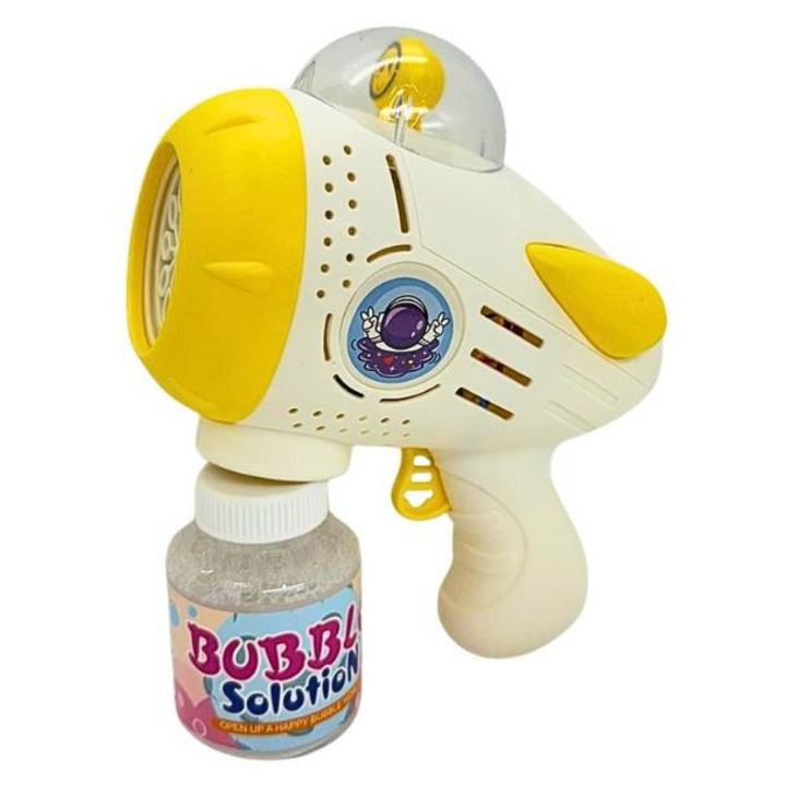Pistol Automat Baloane de Sapun pentru Copii, Bubble Gun Electric Model Racheta Spatiala, Lumini LED si Muzica, Rezerva Solutie Inclusa, Alb/Galben
