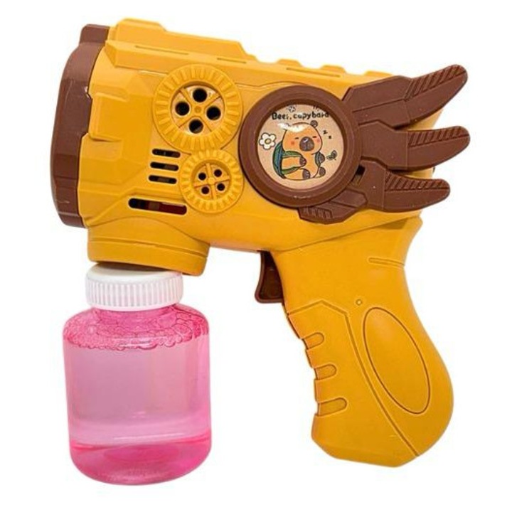 Pistol Automat Baloane de Sapun pentru Copii, Bubble Gun Electric Model Capybara, Lumini LED, Rezerva Solutie Inclusa, Maro