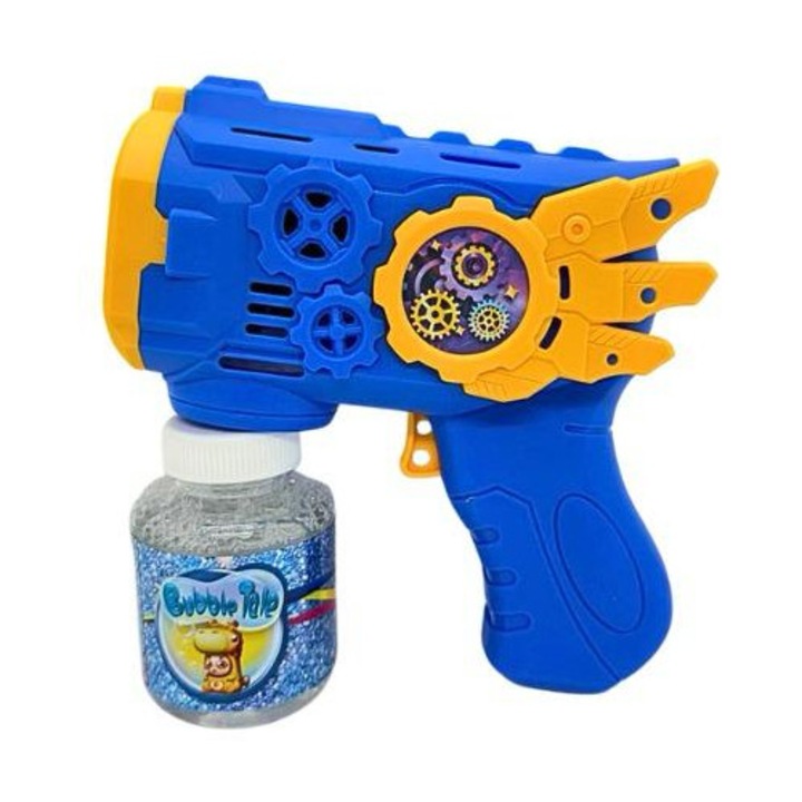 Pistol Automat Baloane de Sapun pentru Copii, Bubble Gun Electric Model Flying Armor, Lumini LED si Efecte Vizuale, Rezerva Solutie Inclusa, Albastru/Galben