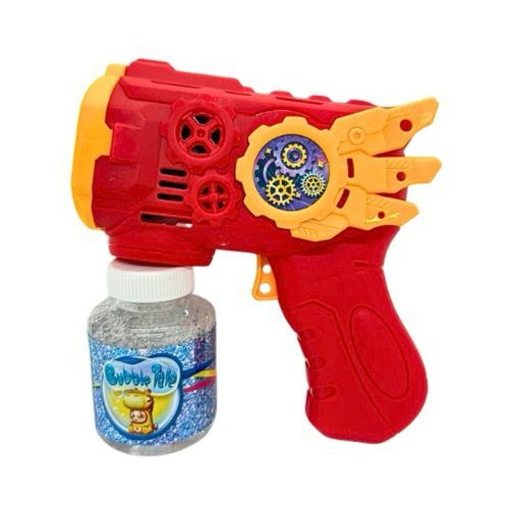 Pistol Automat Baloane de Sapun pentru Copii, Bubble Gun Electric Model Flying Armor, Lumini LED si Efecte Vizuale, Rezerva Solutie Inclusa, Rosu/Galben