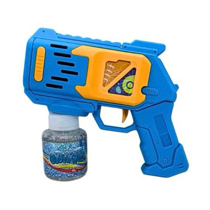 Pistol Automat Baloane de Sapun pentru Copii, Bubble Gun Electric cu Lumini si Efecte Vizuale, Rezerva Solutie Inclusa, Albastru