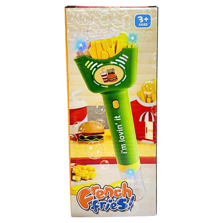 Pistol Automat de Baloane cu Sapun pentru Copii, Model Cartofi Prajiti, Cu Lumini, Bubble Gun cu Rezervor Solutie, 3+ Ani