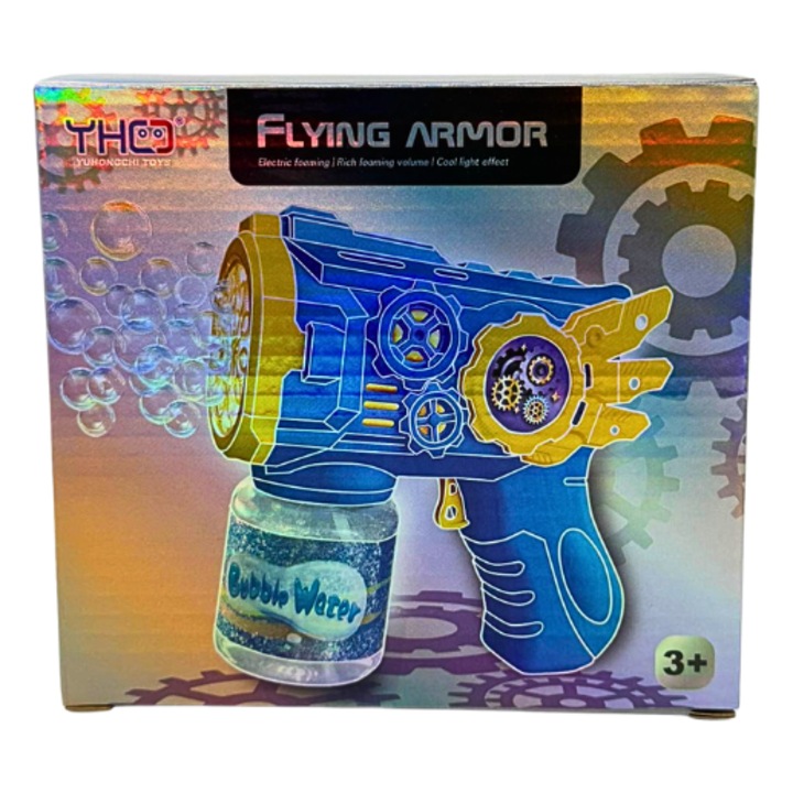 Pistol Automat de Baloane cu Sapun Flying Armor, Bubble Gun cu Lumini si Muzica, Rezervor Solutie Inclus, Model Albastru, 3+ Ani