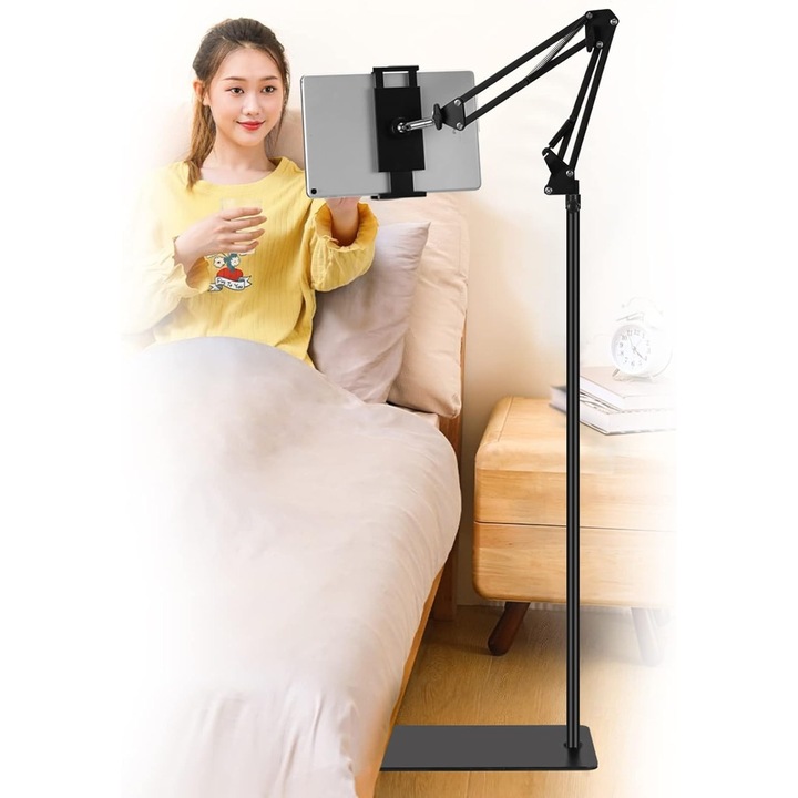 SAMHOUSING Tablet és Telefon Állvány, Állítható Magasságú, 360 Fokban Forgatható, 69.85-134.62cm, Fekete
