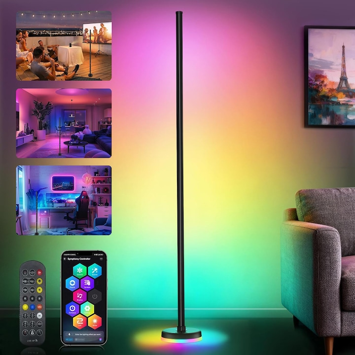 Lampa de Podea RGB, Hompany®, 16 Milioane de Culori, Dimabil, Moduri Muzicale, Functie de Temporizare, cu Telecomanda si Aplicatie, 120cm, pentru Living, Birou, Dormitor, Camera de Joaca
