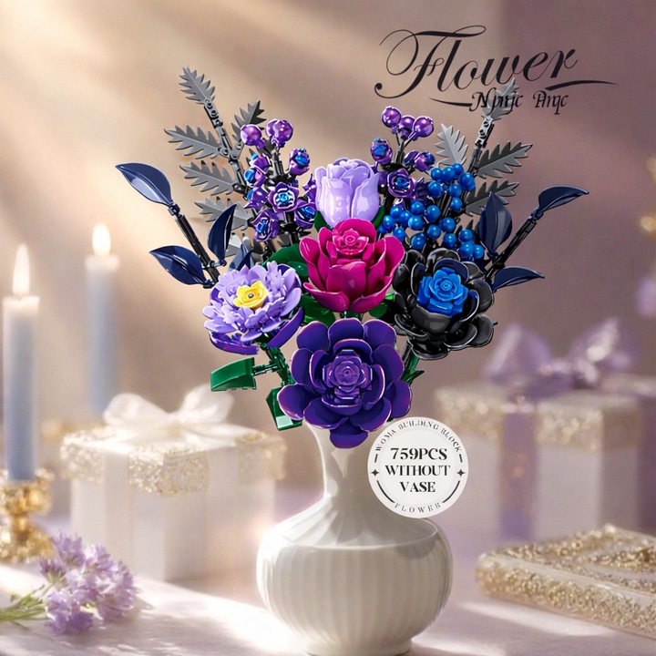 Set de Constructie cu Piese Tip Blocuri Constructie MiniBric® Purple Rose, Colectia Flowers, Pentru Fetite, Flori, Pastel, 11542- DS, Cadou Ideal Pentru Femei Pasionate de Jucarii de Constructie, 759 Piese