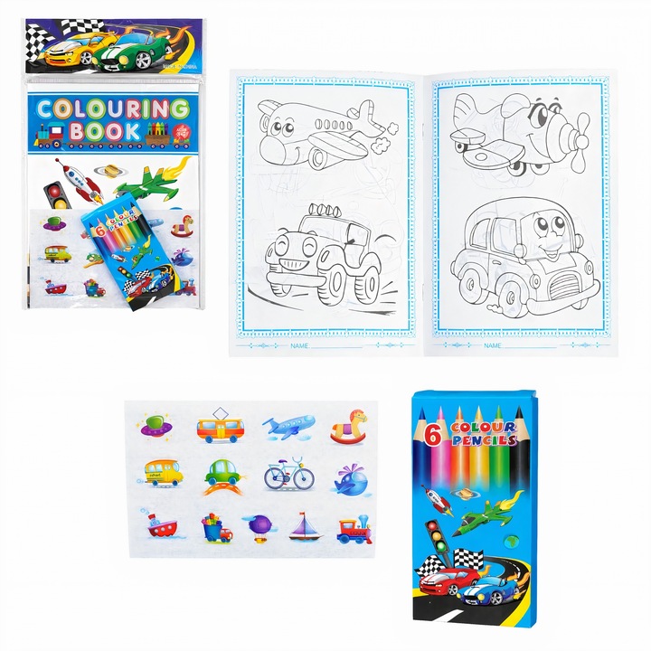 Set carte de colorat BSR, 6 creioane colorate, stickere, multicolor, 20x13 cm