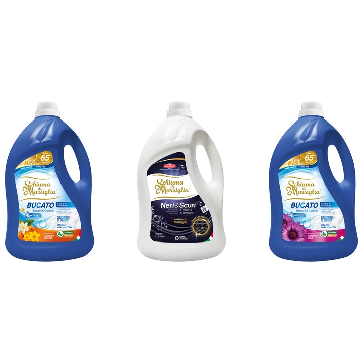 Pachet detergent lichid Schiuma di Marsiglia, Arancio & Narciso + Neri & Scuri + Ametista Rosa, 3 x 5L, pentru rufe albe, colorate si negre, curatare profunda, protectia culorilor si parfum floral-citric, pana la 195 spalari