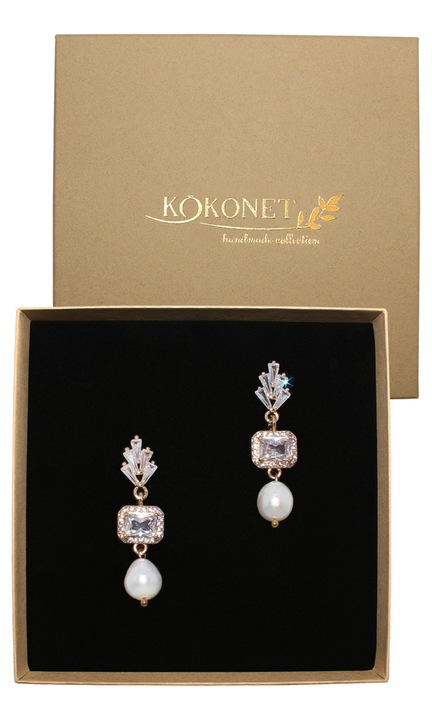 Cercei aurii cu perle de apă dulce, handmade, 4x1cm, set cadou KOKONET