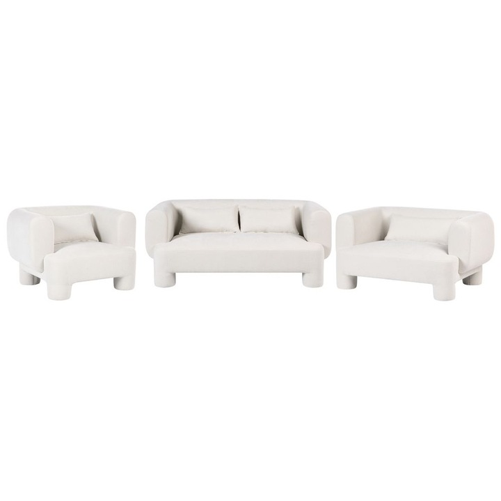 Set de living Hogbo Alb, 6 locuri, tapitat, stil retro, dimensiuni canapea 180x93x73 cm, canapea 2 locuri 145x93x73 cm, fotoliu 110x93x73 cm
