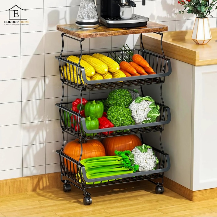 Organizator Bucatarie 4 Nivele Elindor® tip Carucior cu Roti, Ajustabil, Multifunctional, Raft Mobil Organizare Baie, Camara, Birou, Bar, Dulap Metalic pentru Depozitare Legume, Fructe, Detergenti, Parfumuri, 4x Cutie Detasabila, 41 x 29 x 73 cm, Negru