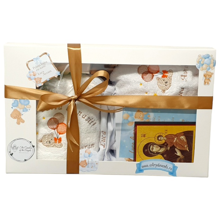 Set Prima Baita Urs cu Baloane Alb/Maro