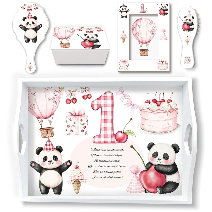 Set Tavita Mot Prima Aniversare cu Ursulet Panda si Cirese
