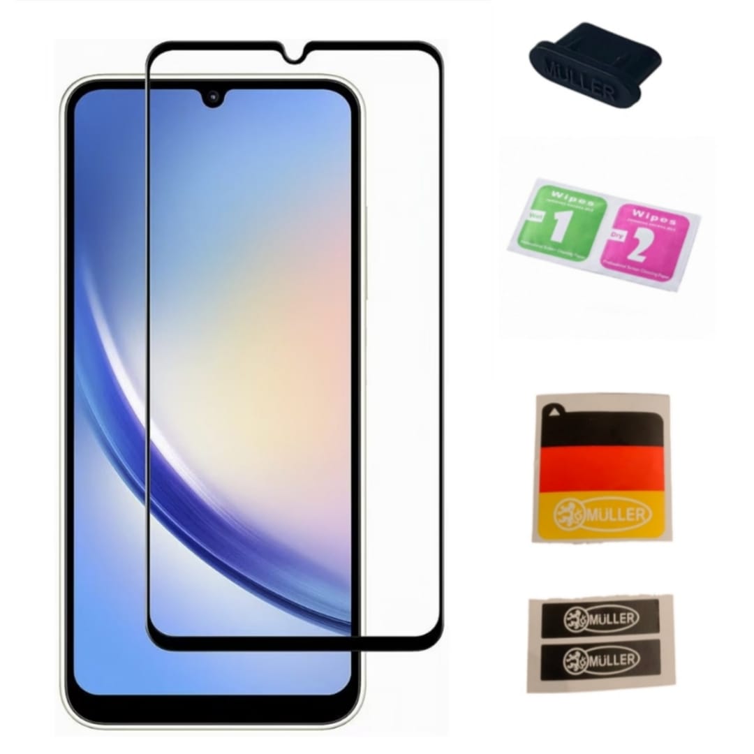 Folie protectie, compatibila Samsung Galaxy A34 5G, Calitate profesionala ROHS, Full Cover, include Set Curatare si 4 buc Stickere Muller® Indepartare Praf Display/ Ecran din Sticla, plus Dop Anti-praf Müller® pentru Port Type C