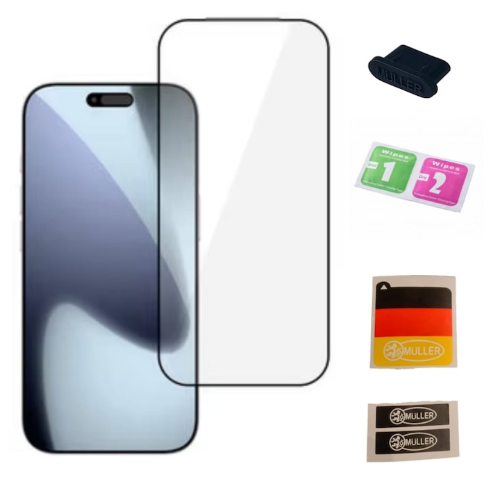 Folie protectie telefon pentru iPhone 16 Pro / 17 / 17 Pro, include Set Curatare si 4 buc Stickere Muller® Indepartare Praf Display/ Ecran din Sticla, plus Dop Anti-praf Müller® pentru Port Type C