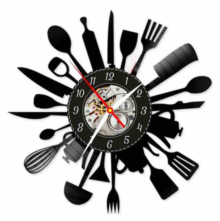 Dekoratív falióra "Master Chef Kitchen", bakelitlemezből (Vinyl Record) készült, kézműves, konyhai eszközök dizájn