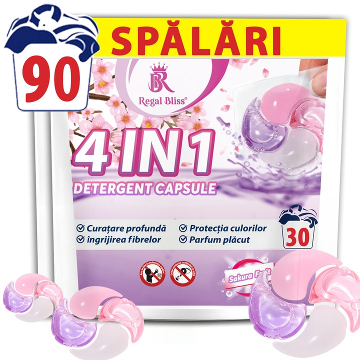 Detergent de rufe capsule Regal Bliss ® 4in1 pods pentru curatarea si protectia hainelor, capsule detergent lichid concentrate si parfumate, delicat cu pielea sensibila, indepartare eficienta a petelor, parfum de lunga durata, Sakura Fruit, 90 Spalari
