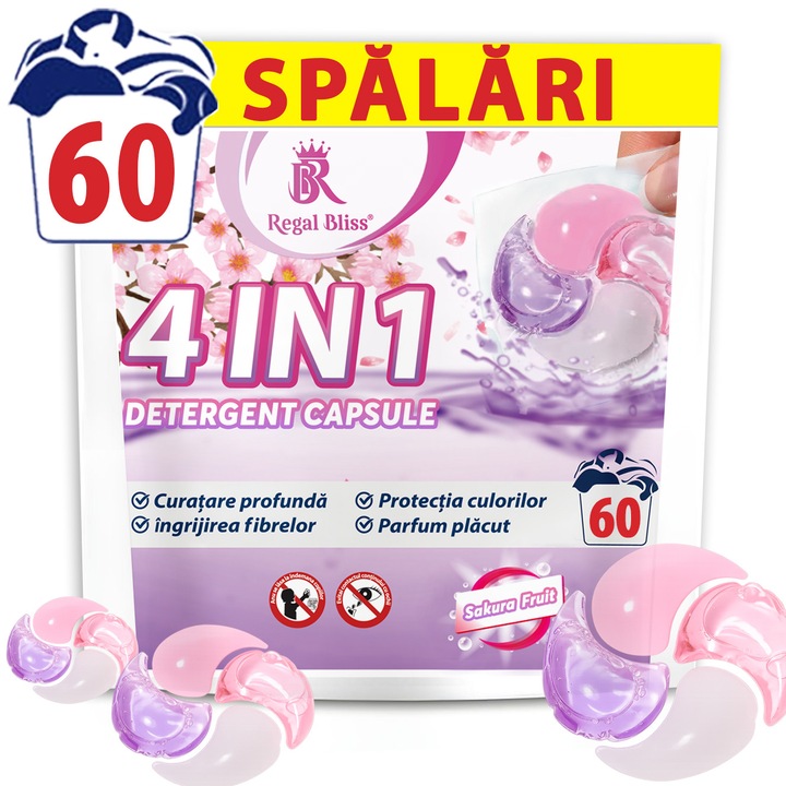 Detergent de rufe capsule Regal Bliss ® 4in1 pods, capsule detergent lichid concentrate si parfumate, delicat cu pielea sensibila, indepartare eficienta a petelor, parfum de lunga durata, curata si protejeaza hainele, Punga, Sakura Fruit, 60 Spalari