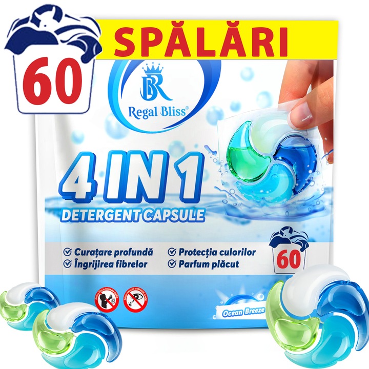 Detergent de rufe capsule Regal Bliss ® 4in1 pods, capsule detergent lichid concentrate si parfumate, delicat cu pielea sensibila, indepartare eficienta a petelor, parfum de lunga durata, curata si protejeaza hainele, Punga, Ocean Breeze, 60 Spalari