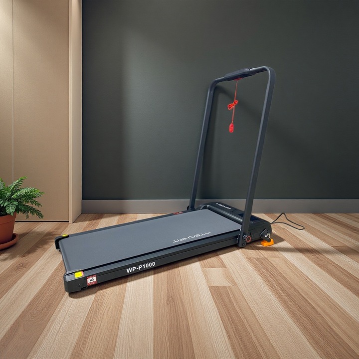 Banda de alergat electrica TECHFIT® WP-P1000, 100% pliabila, inclinare manuala 3 trepte, utilizator 110 kg, motor 2 CP, calculator LED cu afisaj valori: calorii, distanta, viteza, timp, distanta, telecomanda pentru reglarea vitezei