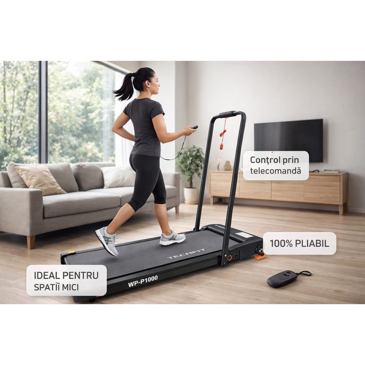 Banda de alergat electrica TECHFIT® WP-P1000, 100% pliabila, inclinare manuala 3 trepte, utilizator 110 kg, motor 2 CP, calculator LED cu afisaj valori: calorii, distanta, viteza, timp, distanta, telecomanda pentru reglarea vitezei