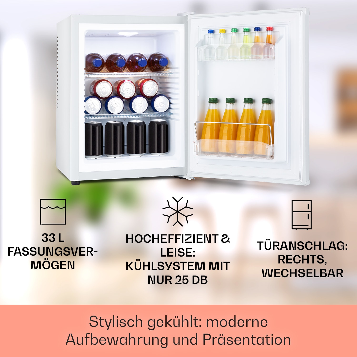 Klarstein, Happy Hour 33, Minibar, 33 L, 5 - 15 °C, Clasa Energetica G, Silentios, 25 Db, Lumina Led, Alb