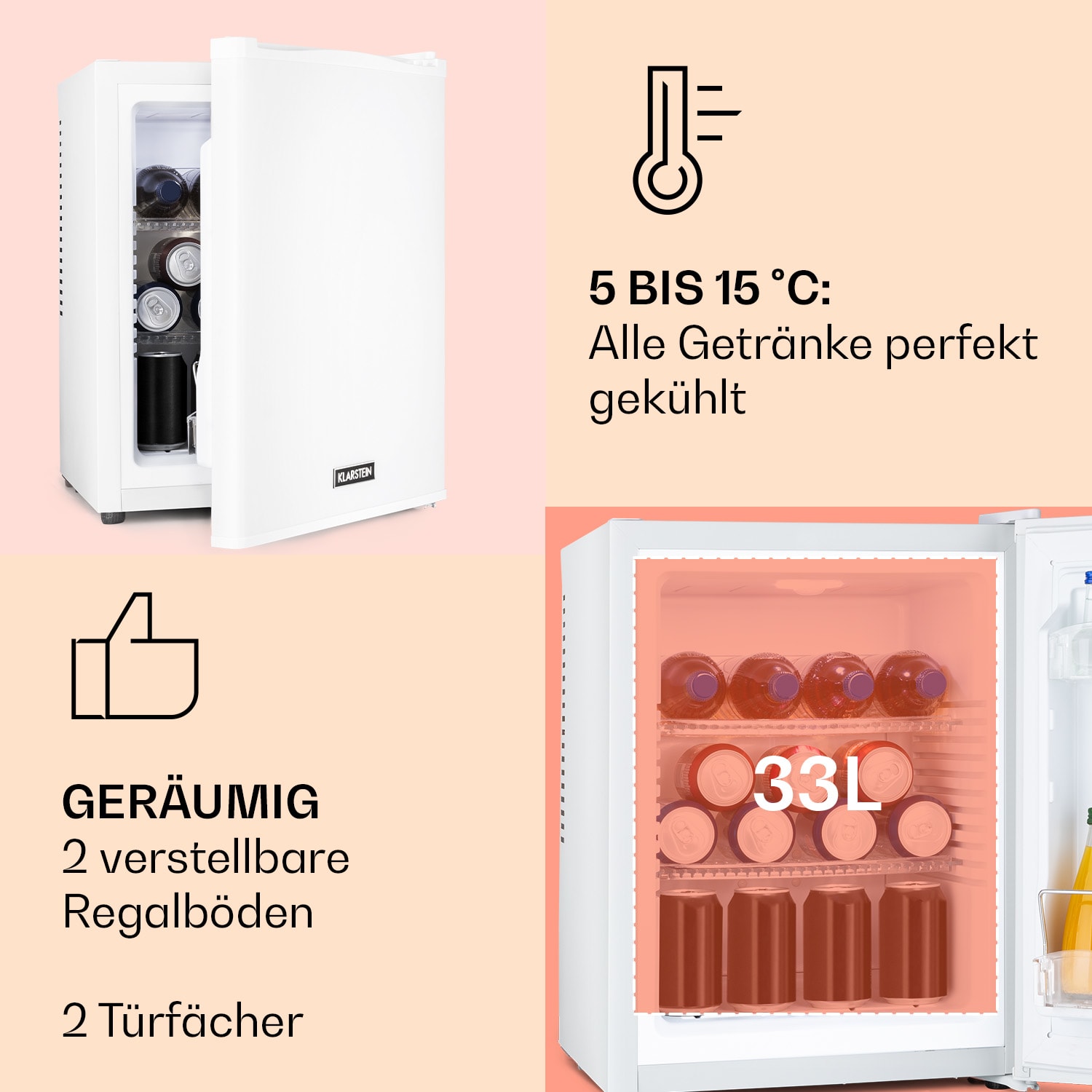 Klarstein, Happy Hour 33, Minibar, 33 L, 5 - 15 °C, Clasa Energetica G, Silentios, 25 Db, Lumina Led, Alb