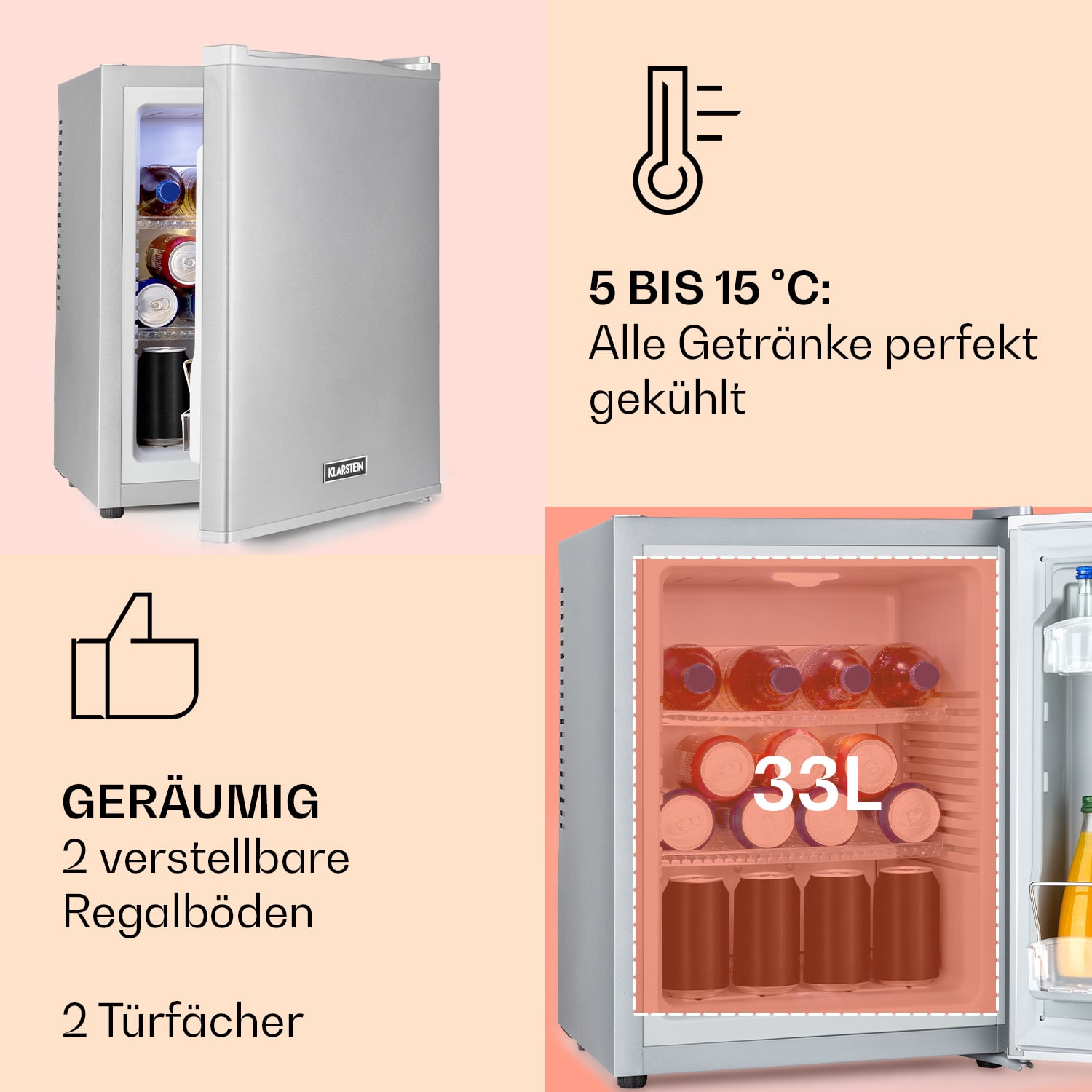 Minibar Klarstein Happy Hour 33 L, silentios, clasa energetica G, alb, 40x54x43cm
