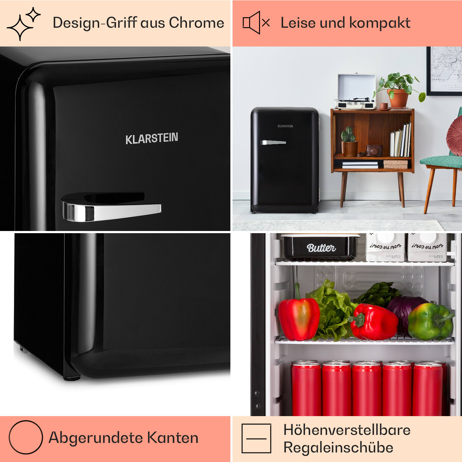Frigider Klarstein Audrey Retro, 70L, 3 rafturi, 2 compartimente in usa, iluminare interioara, 43x66x47,5cm