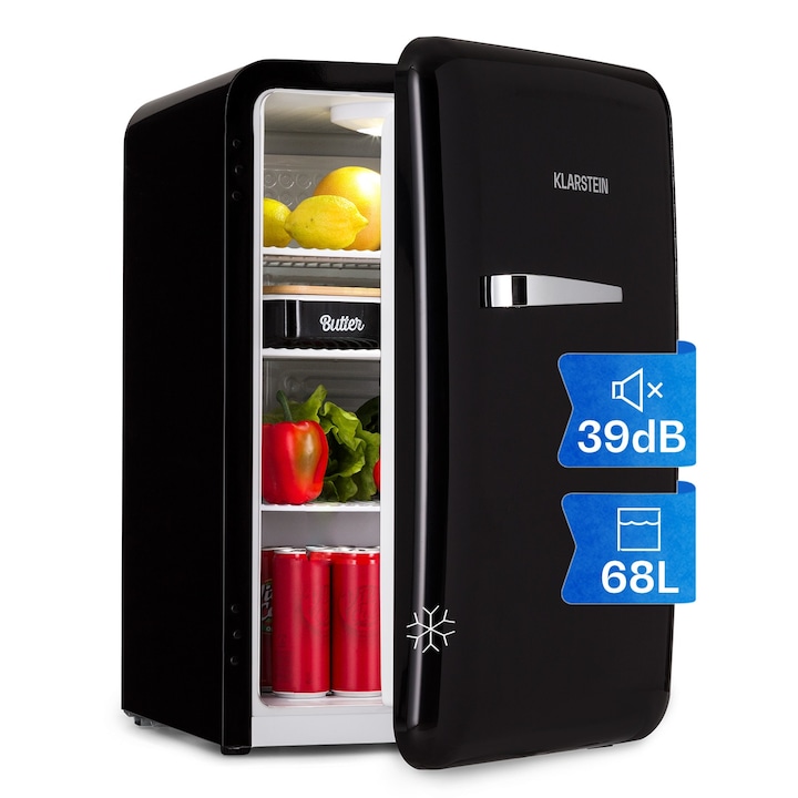 Frigider Klarstein Audrey Retro, 70L, 3 rafturi, 2 compartimente in usa, iluminare interioara, 43x66x47,5cm