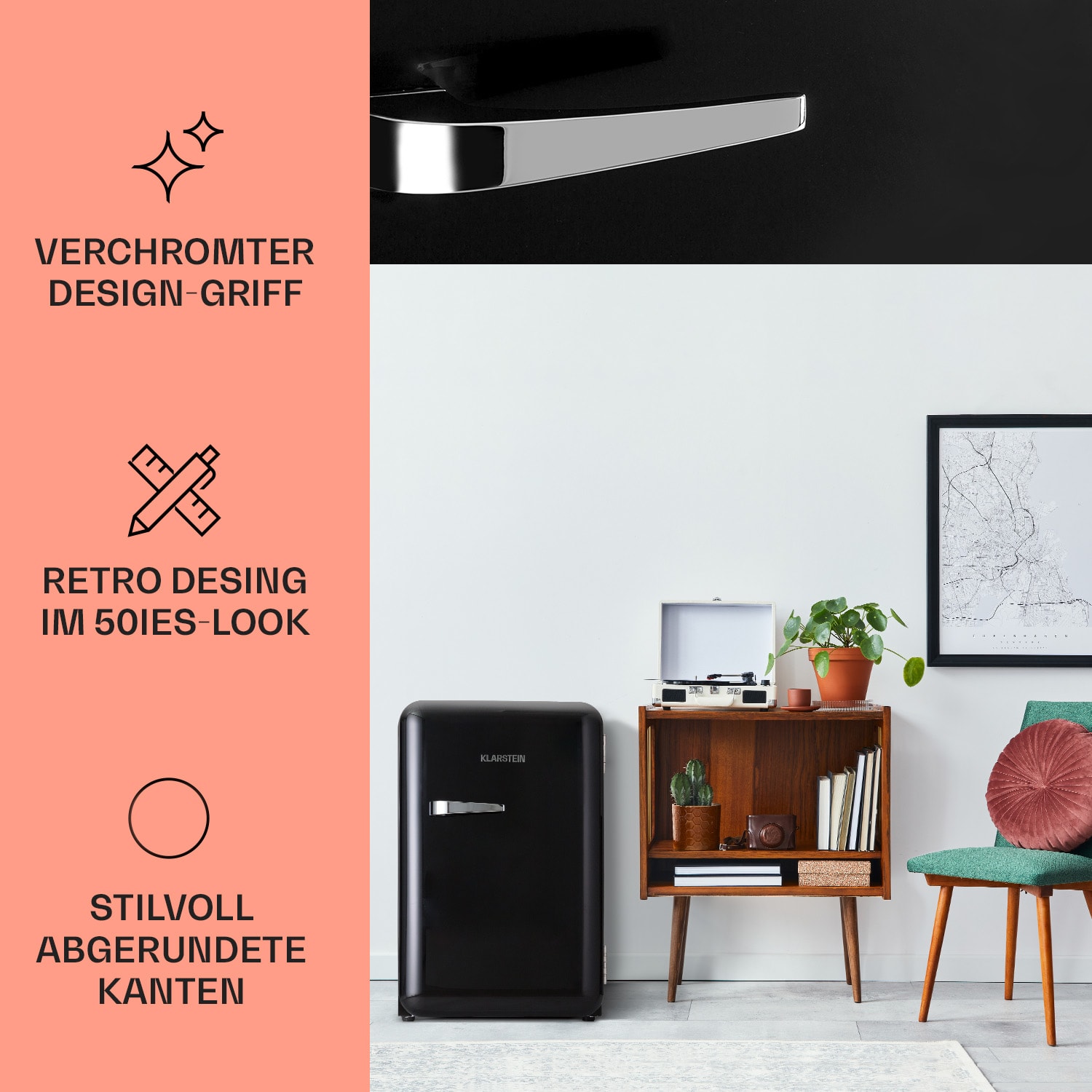 Frigider Klarstein Audrey Retro, 70L, 3 rafturi, 2 compartimente in usa, iluminare interioara, 43x66x47,5cm
