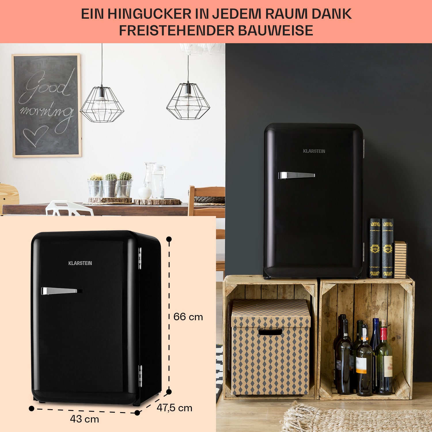 Frigider Klarstein Audrey Retro, 70L, 3 rafturi, 2 compartimente in usa, iluminare interioara, 43x66x47,5cm