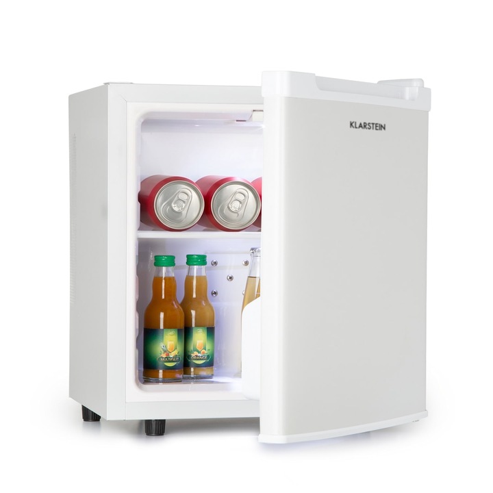 Frigider pentru bauturi Klarstein Silent Cool, 30 litri, iluminare LED, clasa energetica F, Alb, 50 cm inaltime