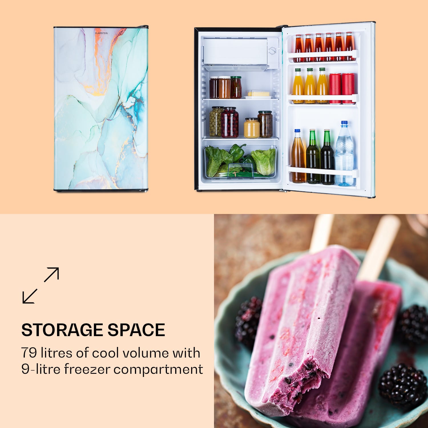 Frigider cu congelator Klarstein CoolArt, 79L, EEK E, 9L, design elegant, 48x84,5x44,5cm