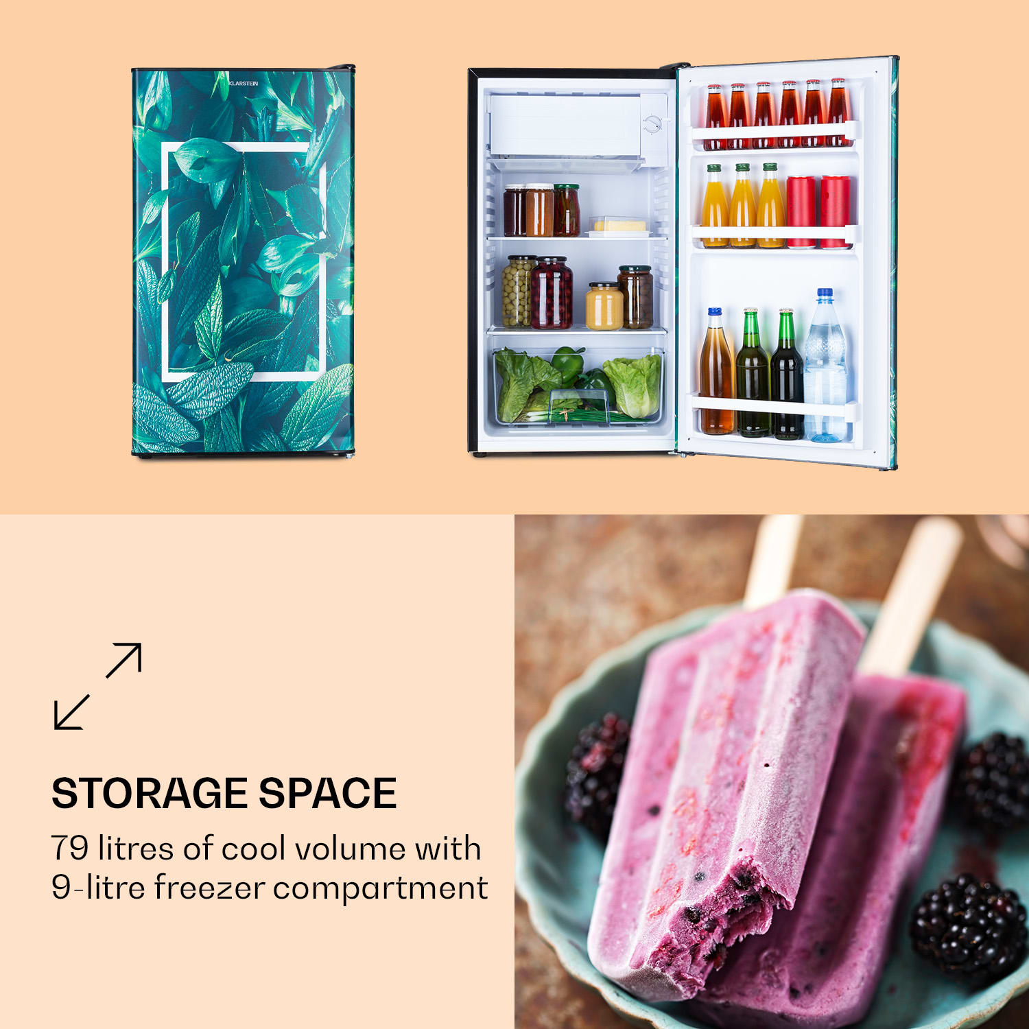 Frigider cu congelator Klarstein CoolArt, 79L, 9L, design modern, dimensiuni 48x84,5x44,5cm