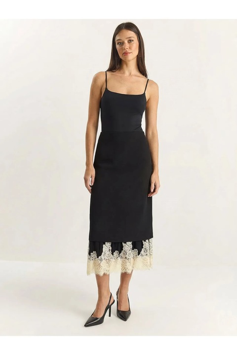 Fusta midi Bianco Lucci cu talie inalta, dantela, neagra, material textil