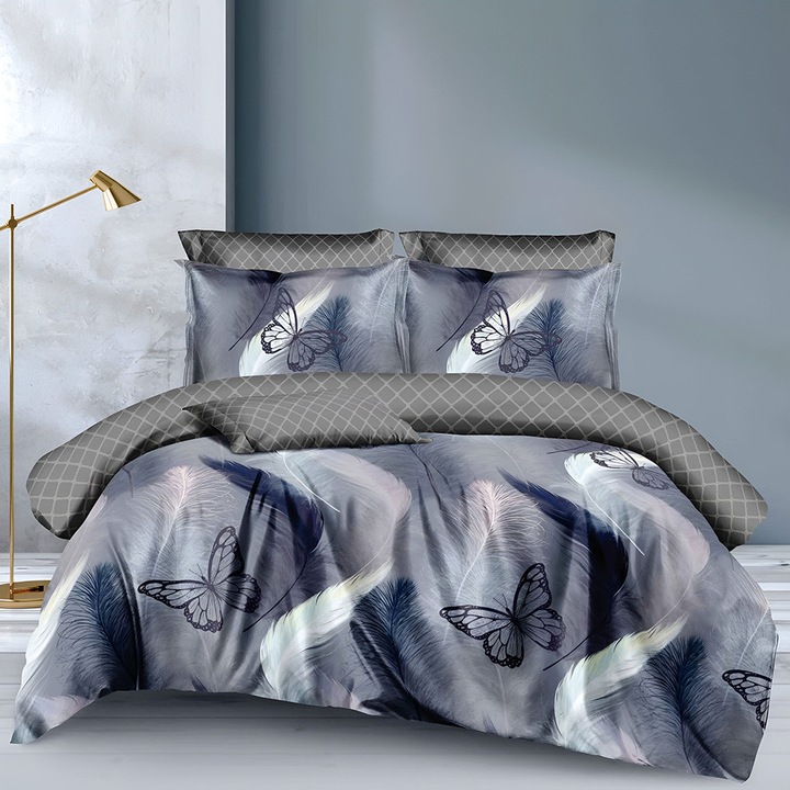 EmonaMall S18103 ágynemű garnitúra, kétoldalas, 4 párnahuzat, 6 részes, világosszürke/szürke