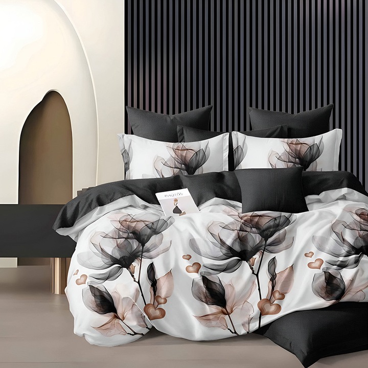 Спален комплект EmonaMall S18107, Двулицев, 4 калъфки, 6 части, Светлосив/Черен