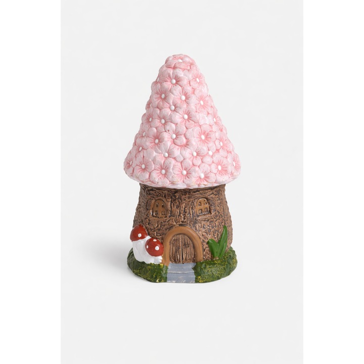Decoratiune Gradina Casuta Ceramica Roz Cu Flori Reliefate Figurina Decorativa Exterior Terasa Curte Ornament Fantasy Ciuperci Decorative Ø7x15cm