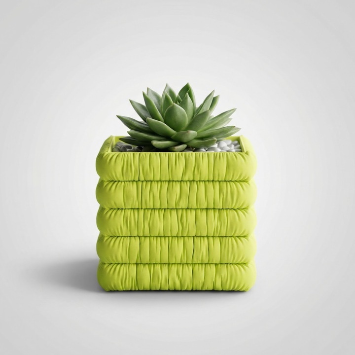 Ghiveci decorativ, verde lime, plastic PLA, 12 cm, aspect textil matlasat