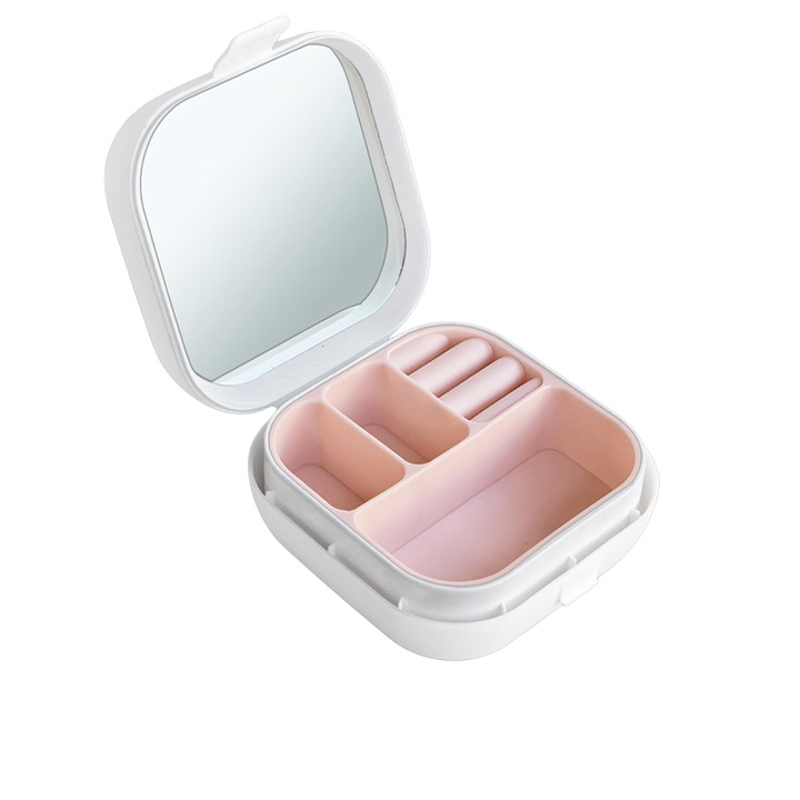 Cutie portabila pentru bijuterii, inchidere ermetica, potrivita pentru depozitarea cerceilor, inelelor si bratarilor, eleganta, 98x95x39mm, alb
