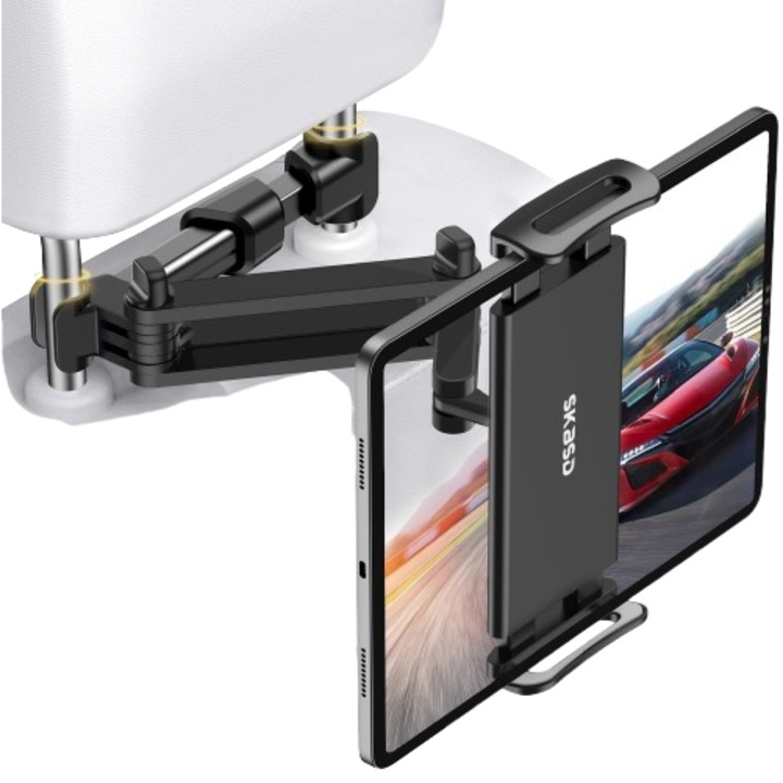 Suport Auto pentru Tableta si Telefon cu Montare pe Tetiere SKBSD, Extensibil, Rotire 360°, Unghi Ajustabil, Inaltime Reglabila, Compatibil cu Dispozitive intre 11.9-33 cm