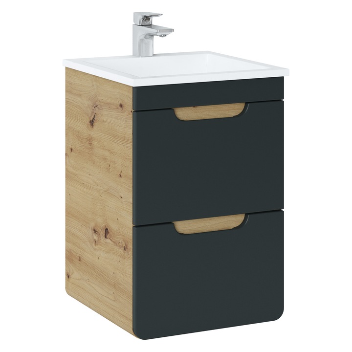 Sifonier baie 40cm, 2 sertare, Aruba Cosmos, gri cosmos, stejar craft, 40x41x59cm