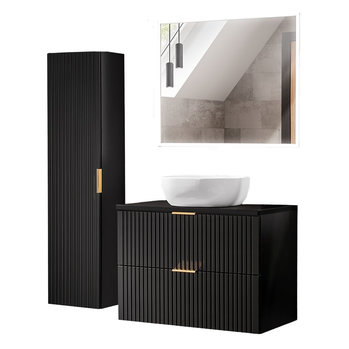 Mobilier de baie, Comad Adel Black, 80cm, 46cm adancime, cu oglinda