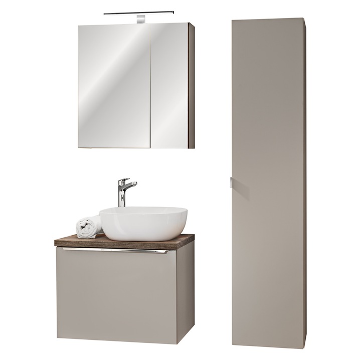 Set mobilier baie Comad, 60x46cm, umywalka nablatowa Smile, szafka inalta, szafka cu oglinda, culoare taupe